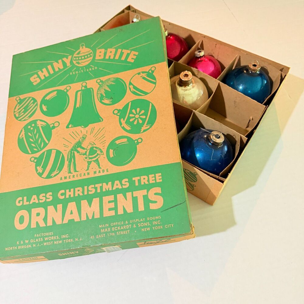 Shiny Brite, Vintage Christmas Ornament Baubles, Red Blue White 11PC